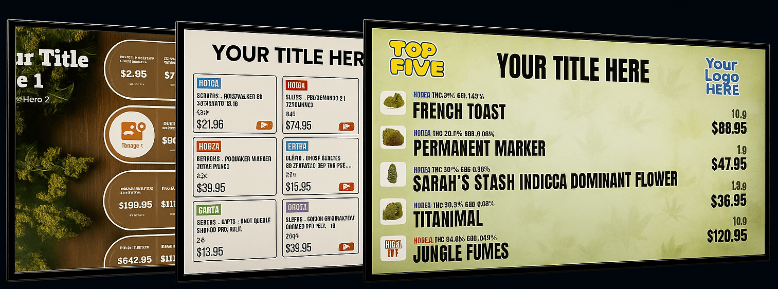 Three promotional TV displays showing different cannabis promotional content layouts including product grids, top five lists, and promotional campaigns