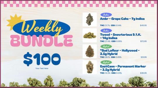 Weekly Bundle promotion showing $100 deal with 4 cannabis products including Indica and Hybrid strains with THC percentages and individual pricing
